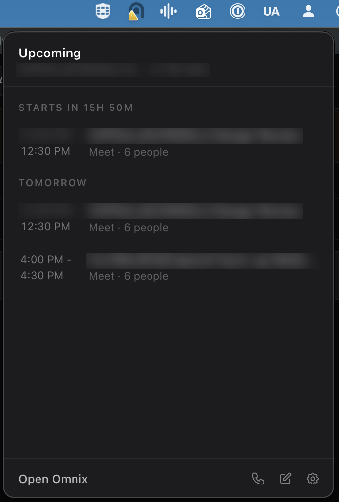 Omnix menu-bar companion showing upcoming meetings with one-click access to the live workspace.
