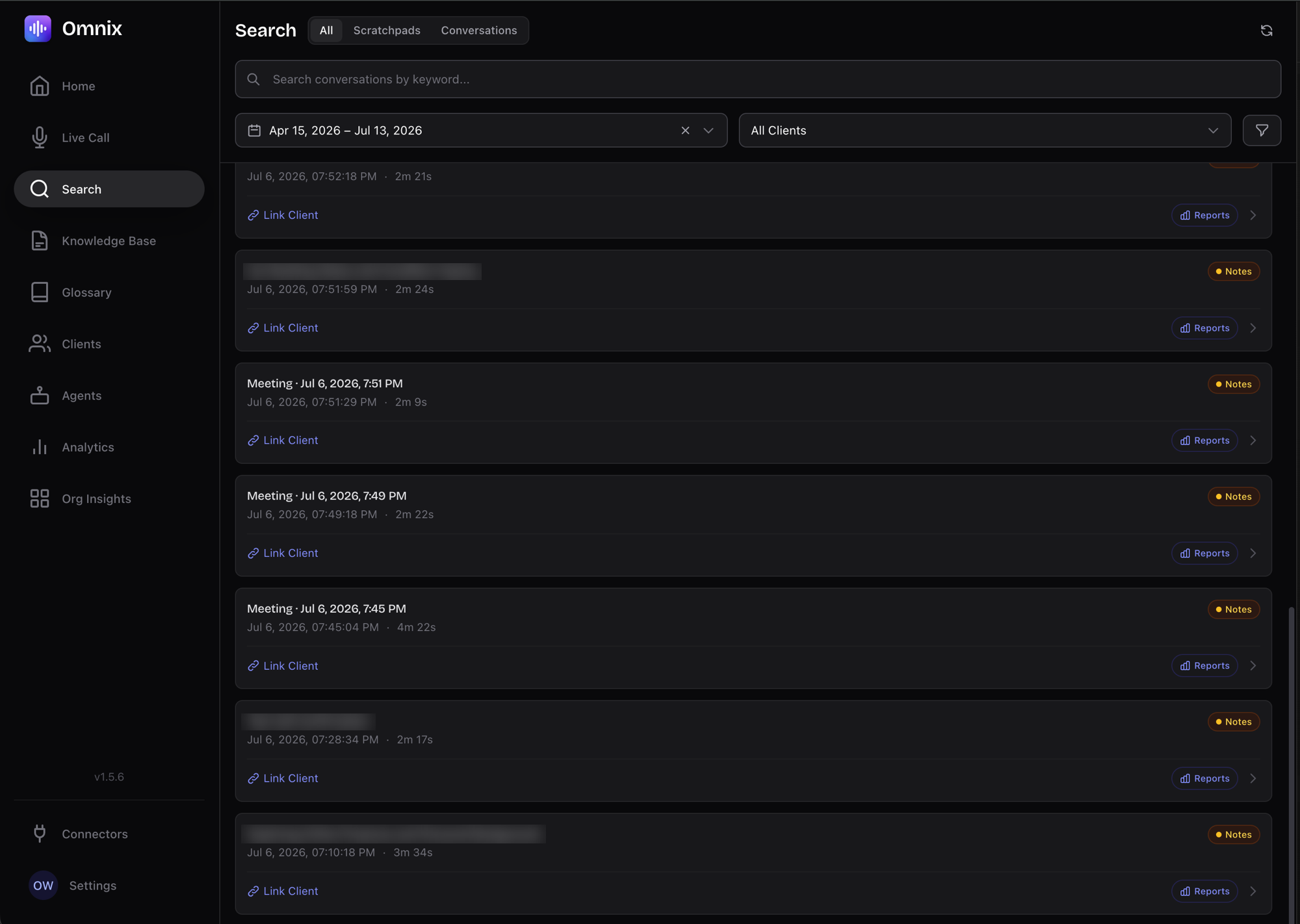 Omnix conversation search with filters, notes, and per-call reports.