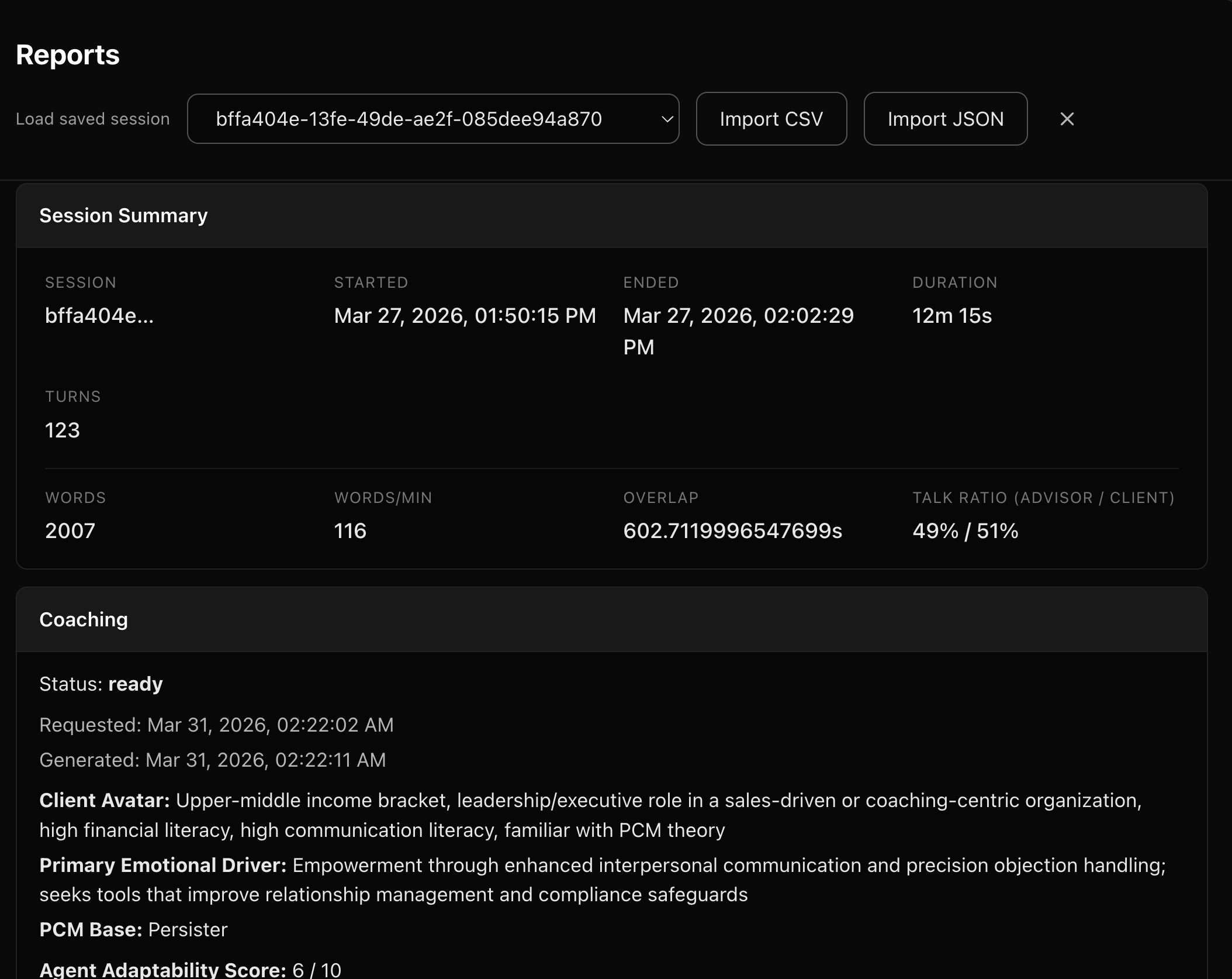 Omnix post-call reports dashboard showing session summary, coaching output, and conversation metrics.
